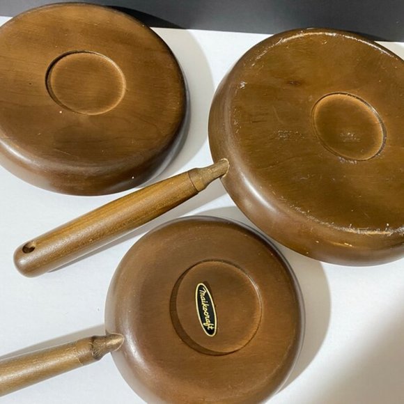 Vintage Wooden dishes with detachable handles Set Of 3, Wooden round plate - Picture 4 of 10